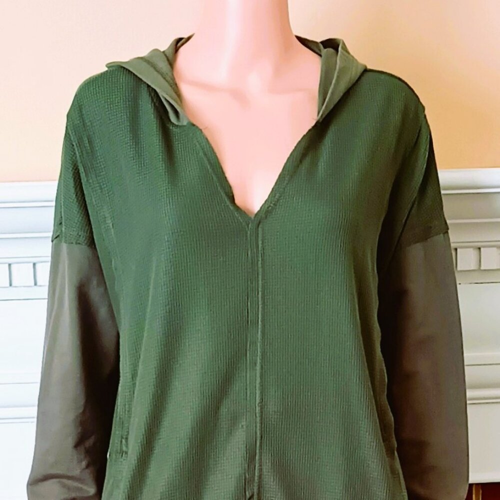 Heyson Green waffle Knit Hoodie L Long Sleeve Front Slant Pockets Raw Trim